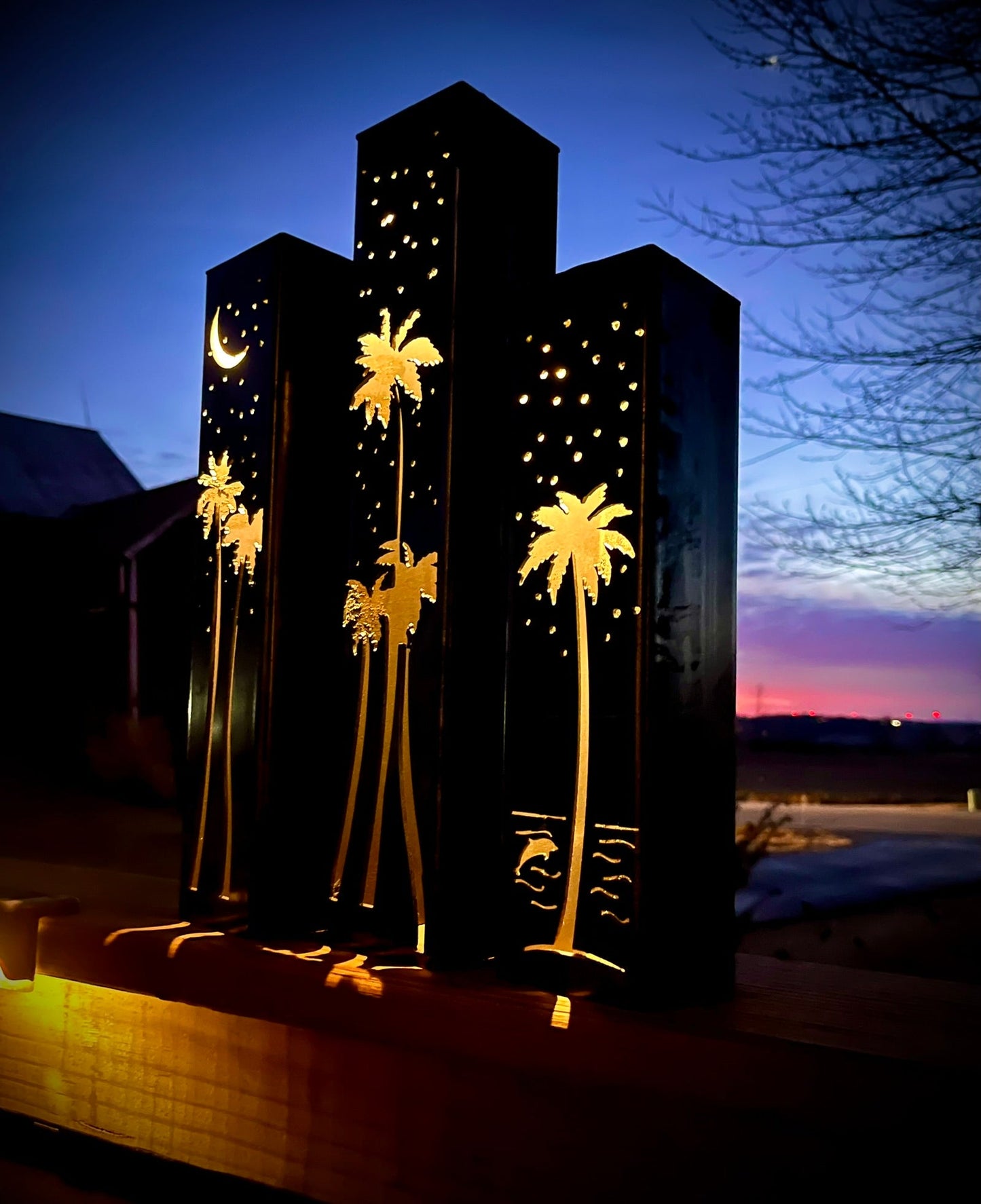 Palm Trees Under the Stars Luminary Pillars w/ Solar Cap | 12 - inch, 14 - inch, 16 - inch - florida metal art - Luminary tube - Northern Forge, LLC