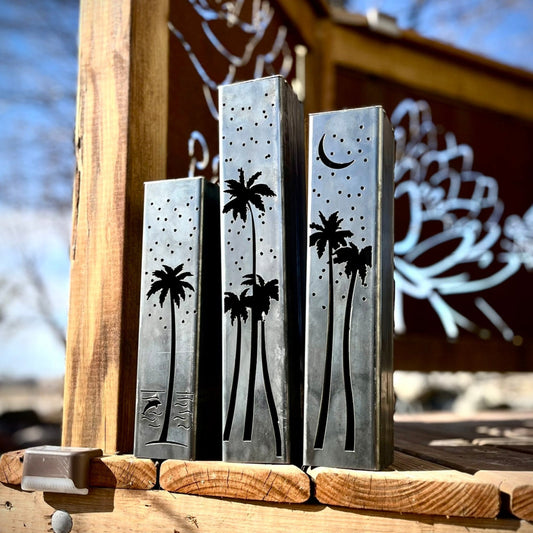 Palm Trees Under the Stars Luminary Pillars w/ Solar Cap | 12 - inch, 14 - inch, 16 - inch - florida metal art - Luminary tube - Northern Forge, LLC