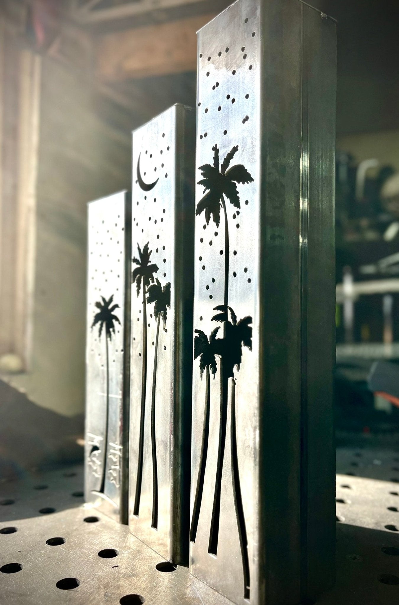 Palm Trees Under the Stars Luminary Pillars w/ Solar Cap | 12 - inch, 14 - inch, 16 - inch - florida metal art - Luminary tube - Northern Forge, LLC