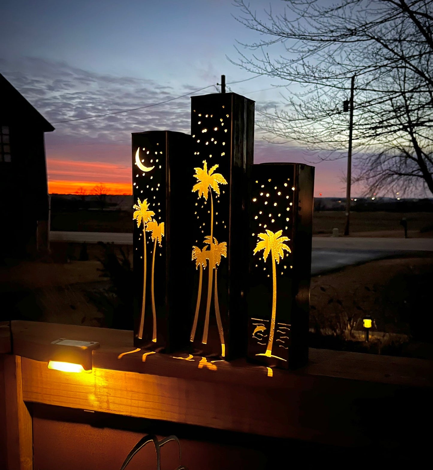 Palm Trees Under the Stars Luminary Pillars w/ Solar Cap | 12 - inch, 14 - inch, 16 - inch - florida metal art - Luminary tube - Northern Forge, LLC