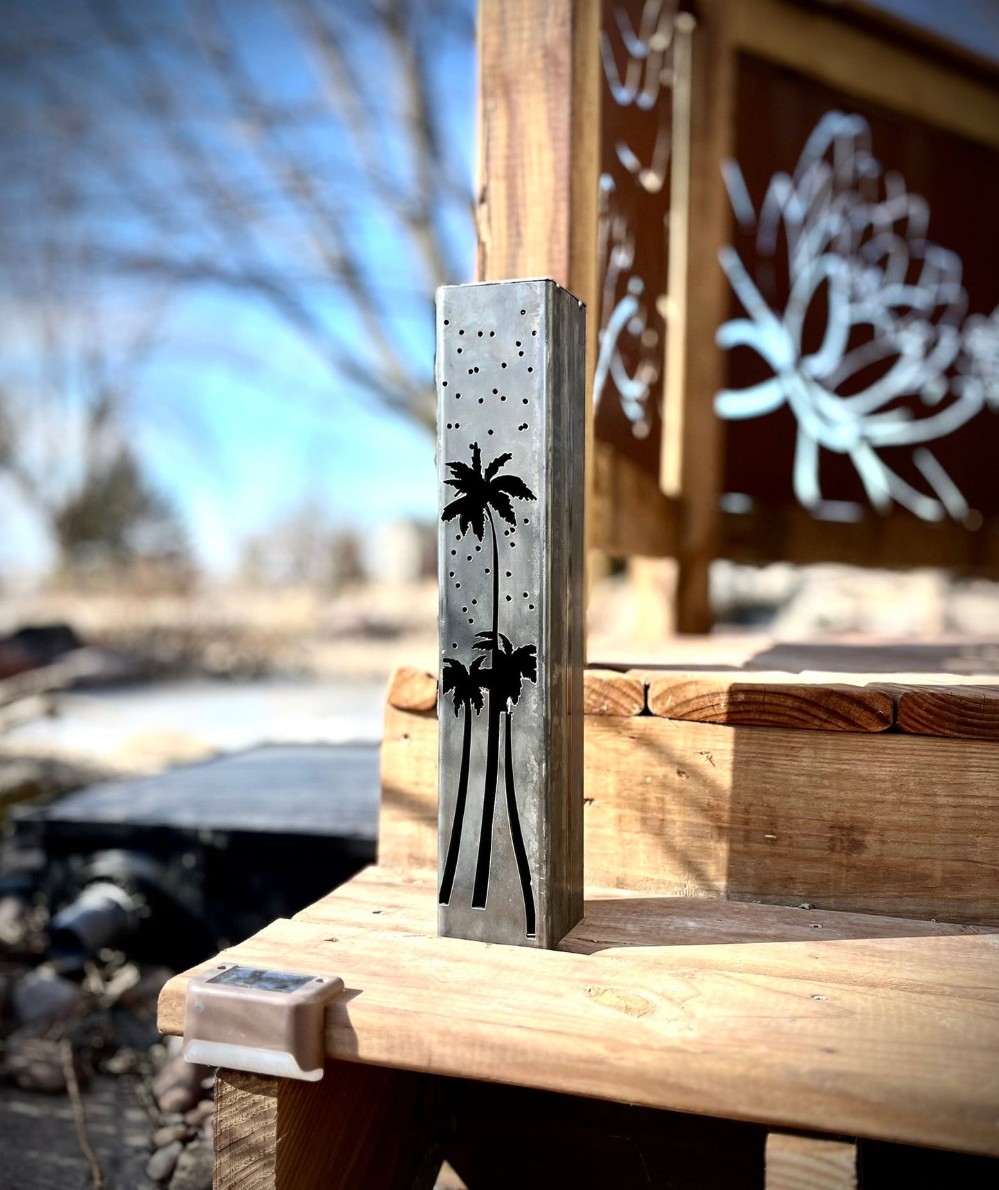 Palm Trees Under the Stars Luminary Pillars w/ Solar Cap | 12 - inch, 14 - inch, 16 - inch - florida metal art - Luminary tube - Northern Forge, LLC