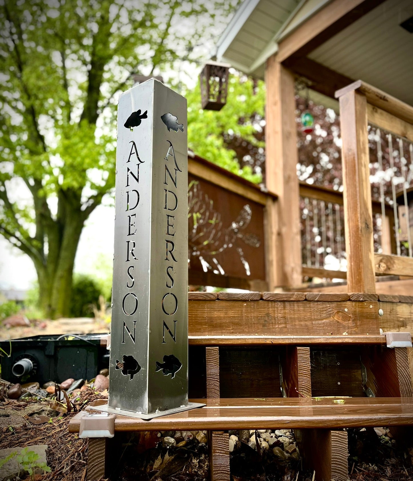 Personalized Sunfish Solar Luminary Pillar - Steel - address - address light - Northern Forge, LLC