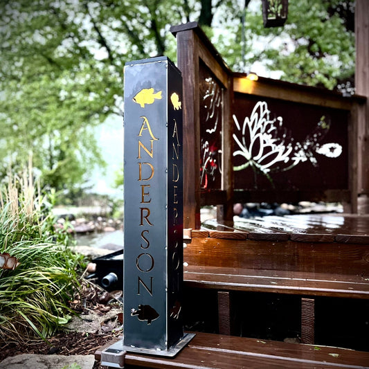 Personalized Sunfish Solar Luminary Pillar - Steel - address - address light - Northern Forge, LLC