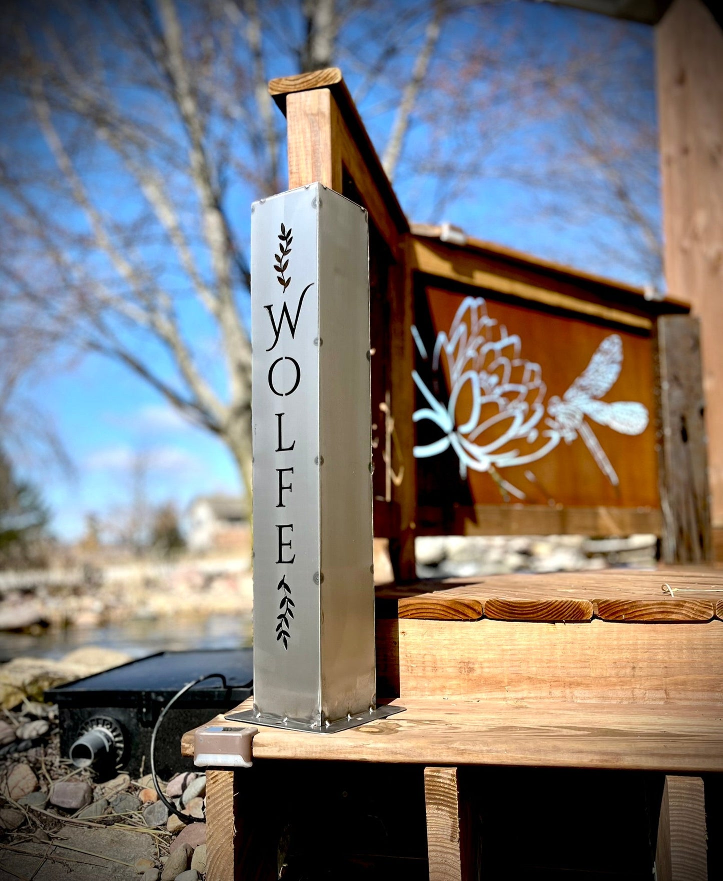 Personalized Vines Solar Pillar Light - Steel - address - address light - Northern Forge, LLC
