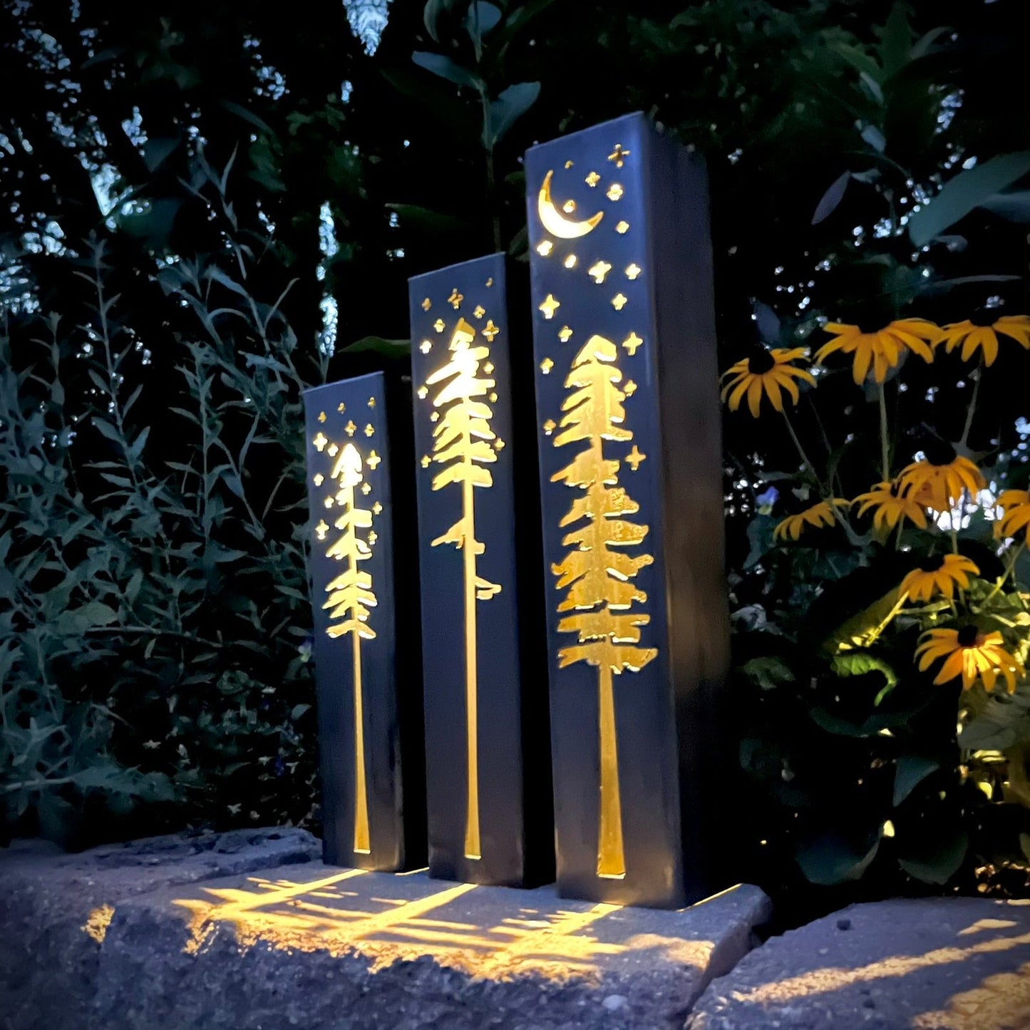 Pine Tree Night Sky Luminary Pillar w/ Solar Cap | 12 - inch, 14 - inch, 16 - inch - christmas - christmas solar lights - Northern Forge, LLC