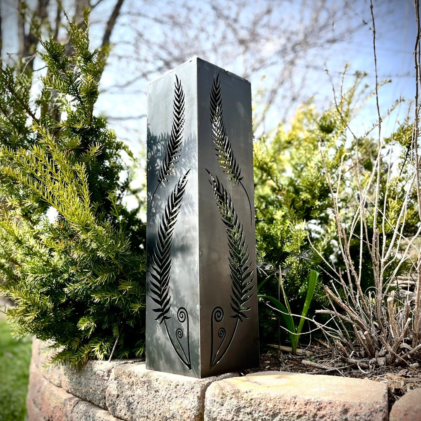 Rustic Metal Fern Luminary | Garden Column - cabin decor - fern garden column - Northern Forge, LLC