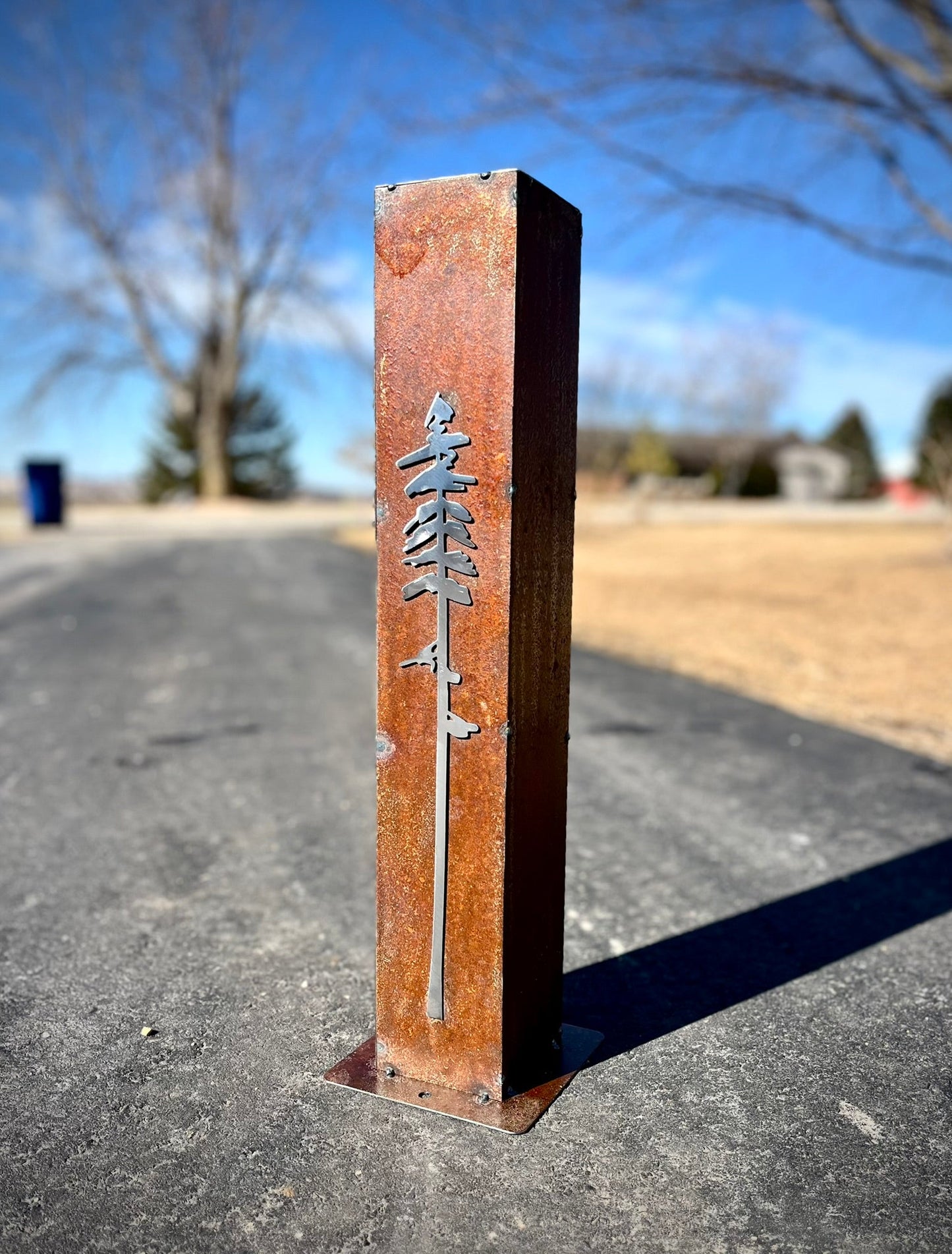 Rustic Pine Tree Garden Pillar - Rusted Steel - christmas decor - garden - Northern Forge, LLC