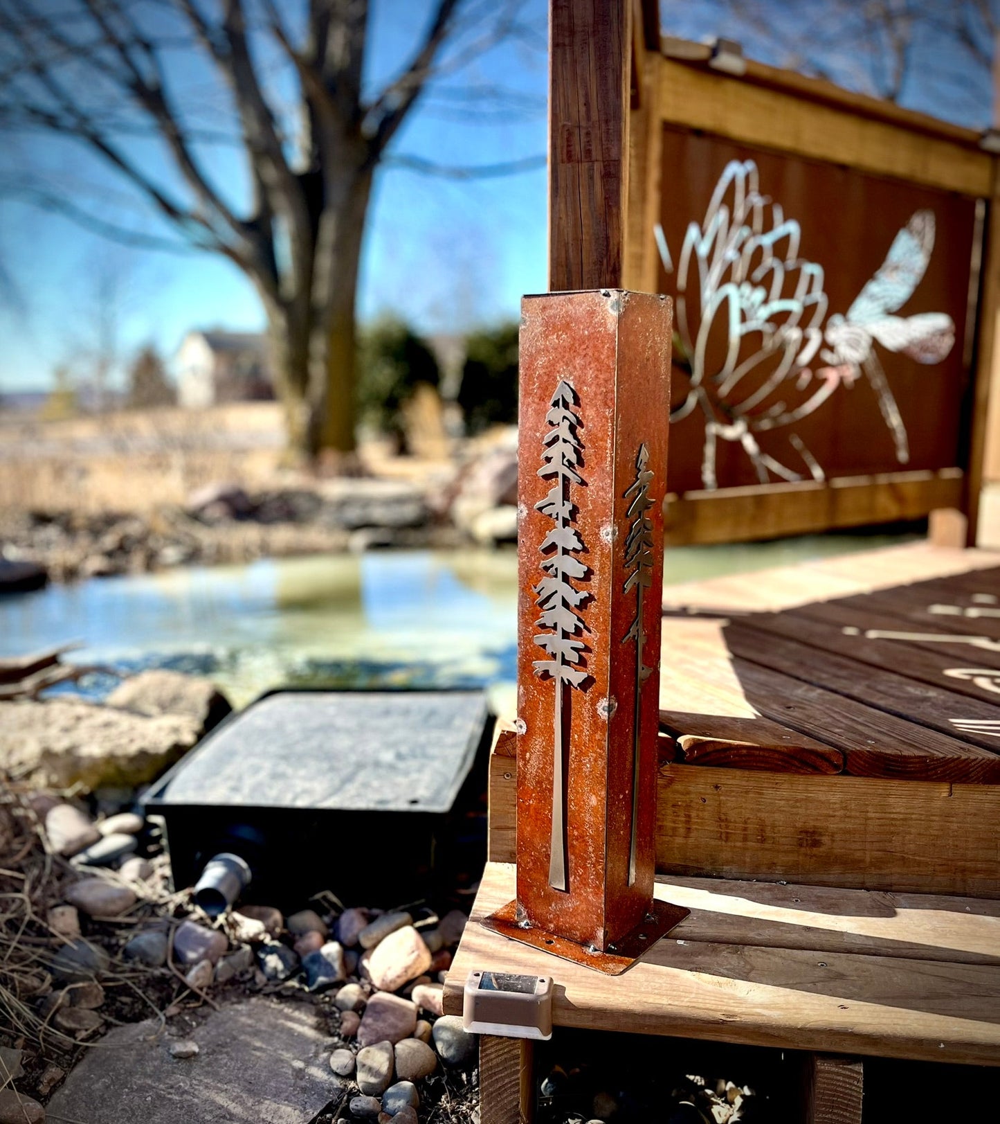 Rustic Pine Tree Garden Pillar - Rusted Steel - christmas decor - garden - Northern Forge, LLC