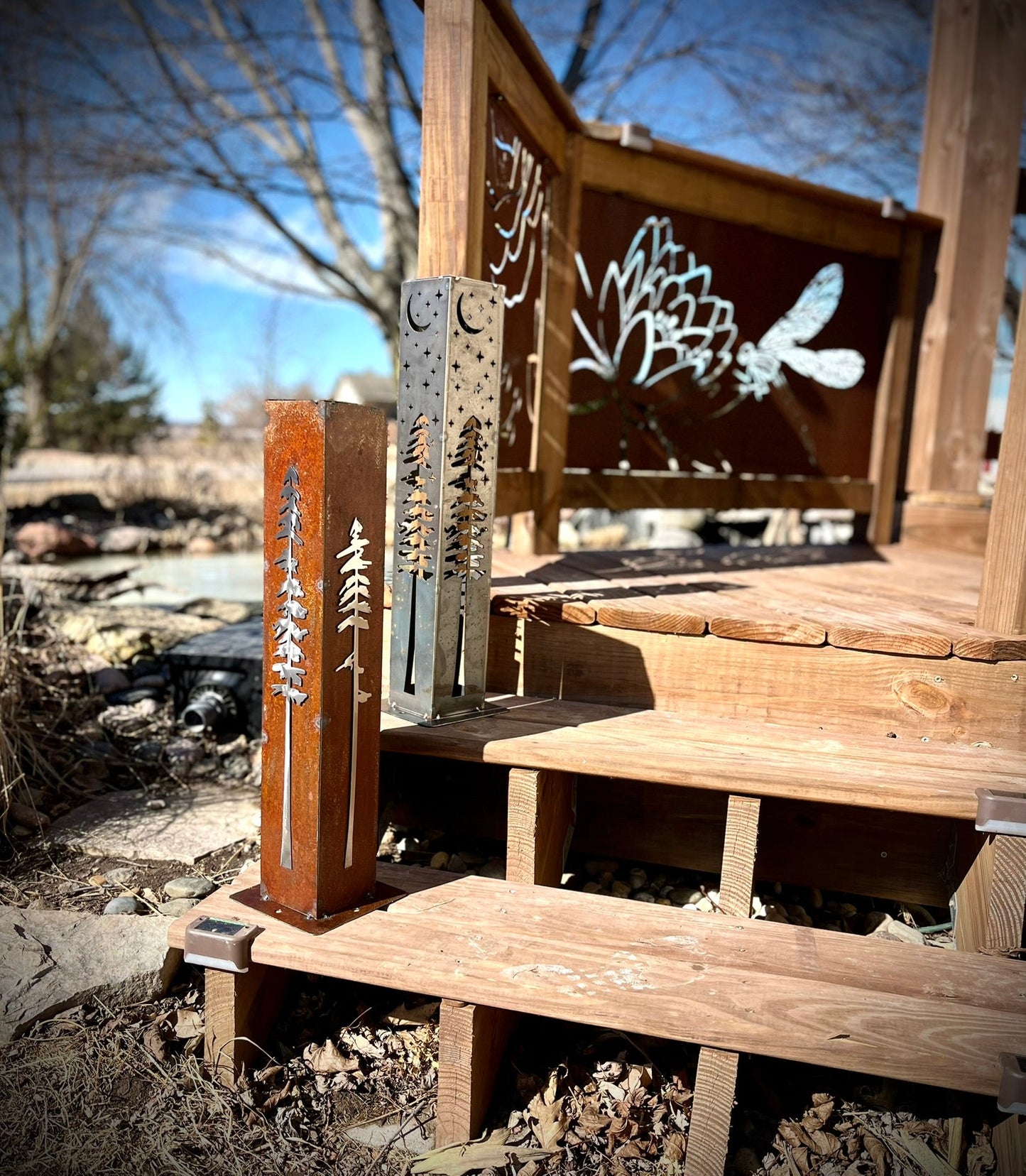 Rustic Pine Tree Garden Pillar - Rusted Steel - christmas decor - garden - Northern Forge, LLC
