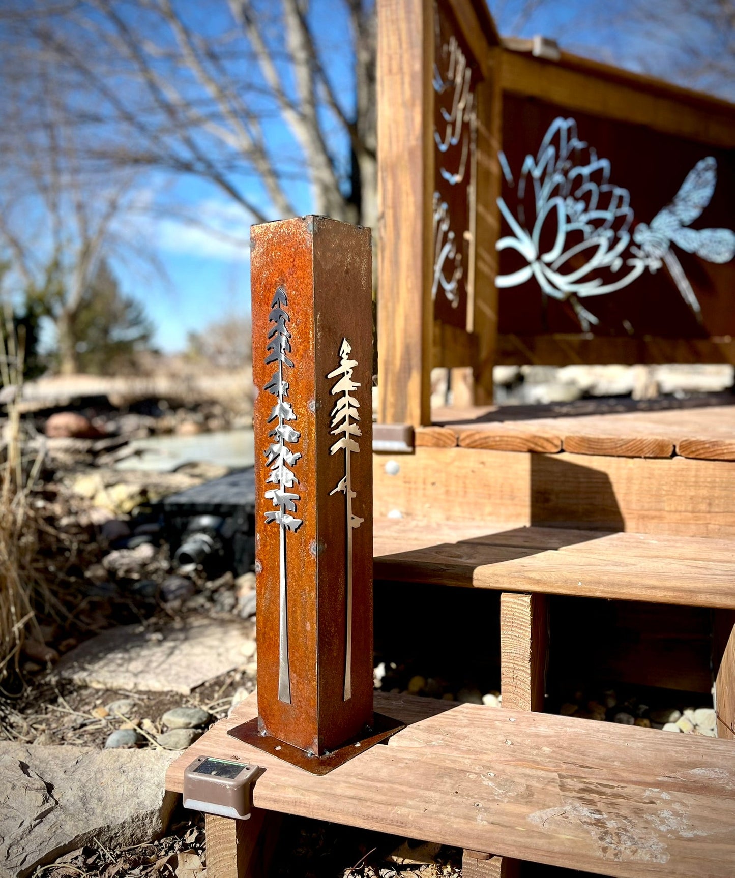 Rustic Pine Tree Garden Pillar - Rusted Steel - christmas decor - garden - Northern Forge, LLC