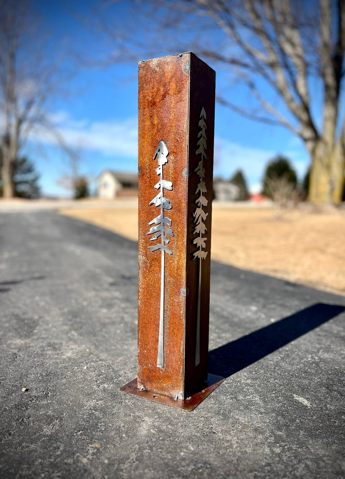 Rustic Pine Tree Garden Pillar - Rusted Steel - christmas decor - garden - Northern Forge, LLC