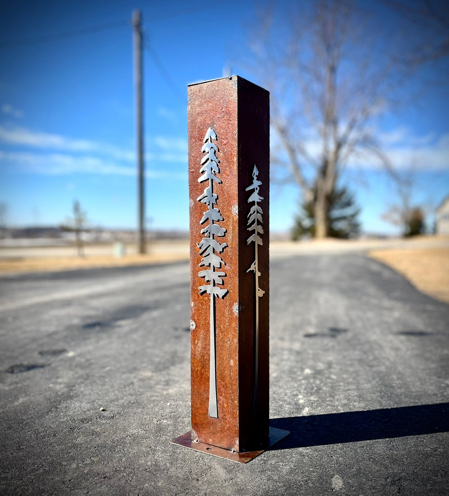 Rustic Pine Tree Garden Pillar - Rusted Steel - christmas decor - garden - Northern Forge, LLC