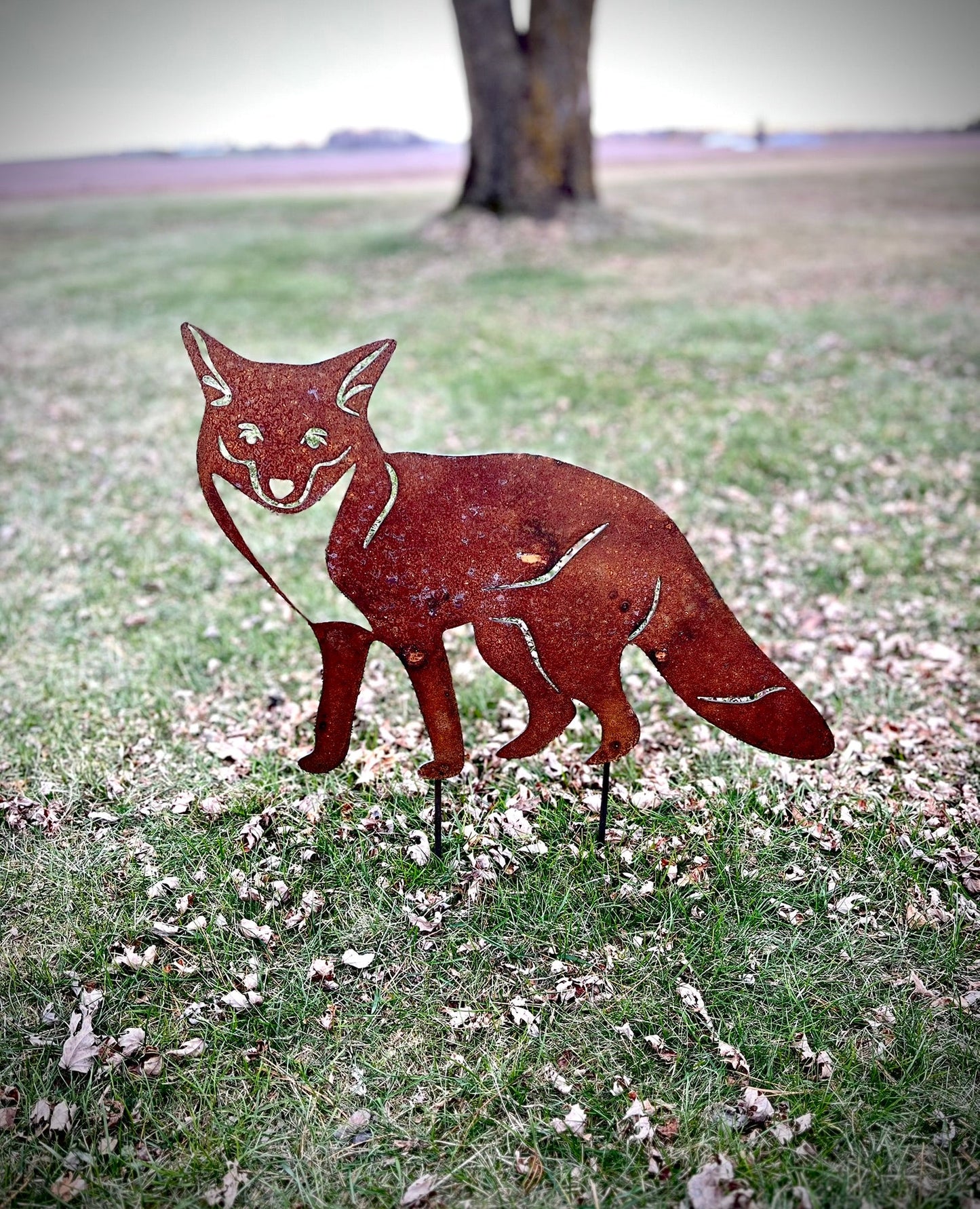 Rusty Metal Fox with Ground Stake - chicken yard art - fox ground stake - Northern Forge, LLC