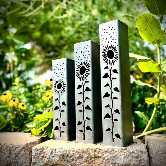 Sunflowers Under the Stars Luminary Pillar w/ Solar Cap | 12 - inch, 14 - inch, 16 - inch - Luminary tube - Mantel Lights - Northern Forge, LLC