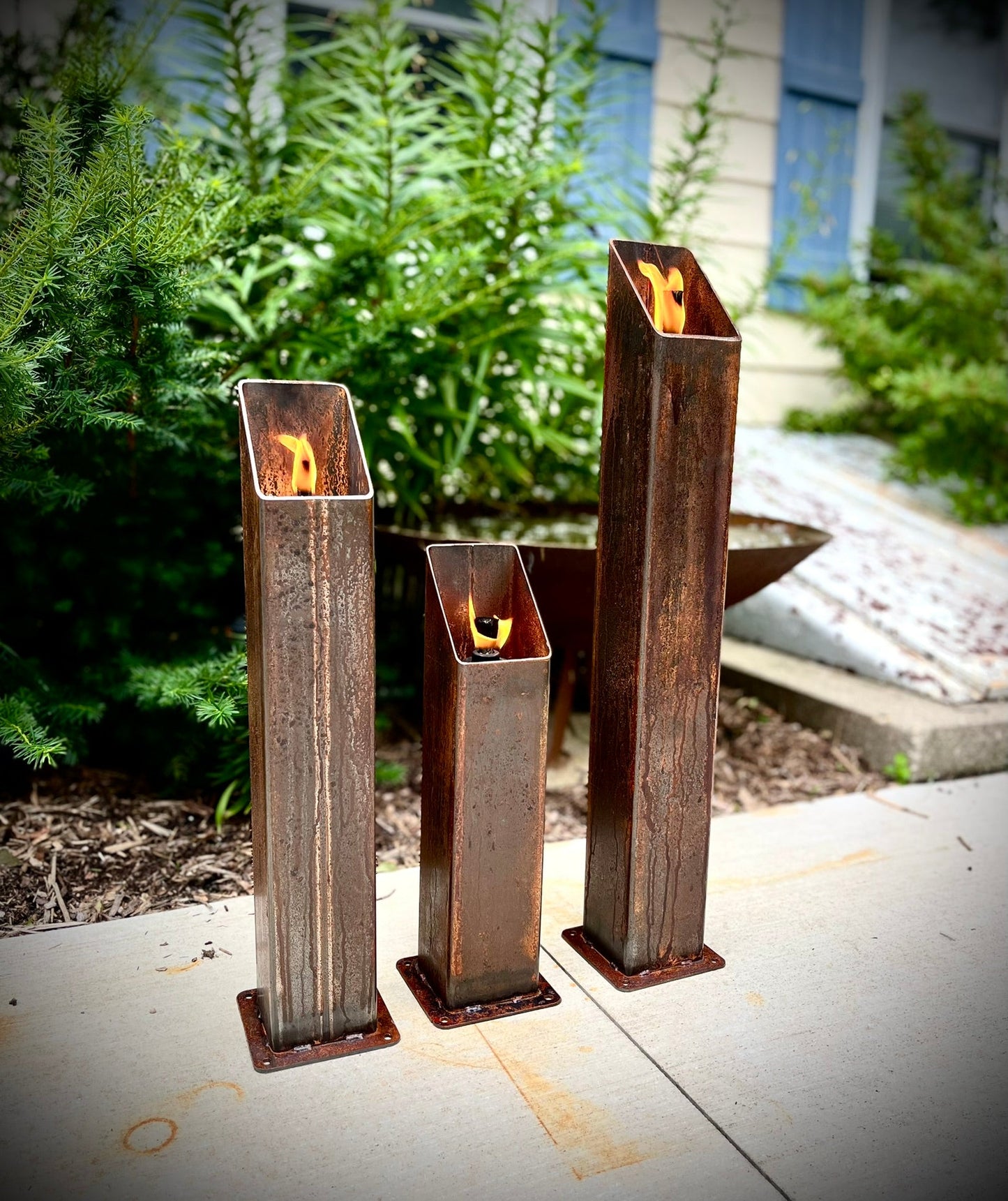 The Little Ember Trio - Rusted Steel Patio Torches - Multiple Sizes - citronella torch - fire pit - Northern Forge, LLC