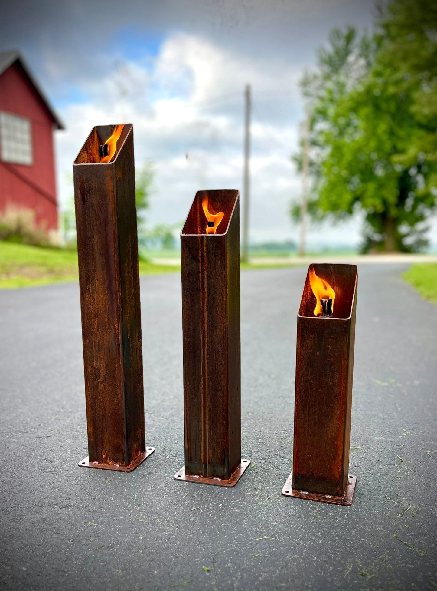 The Little Ember Trio - Rusted Steel Patio Torches - Multiple Sizes - citronella torch - fire pit - Northern Forge, LLC