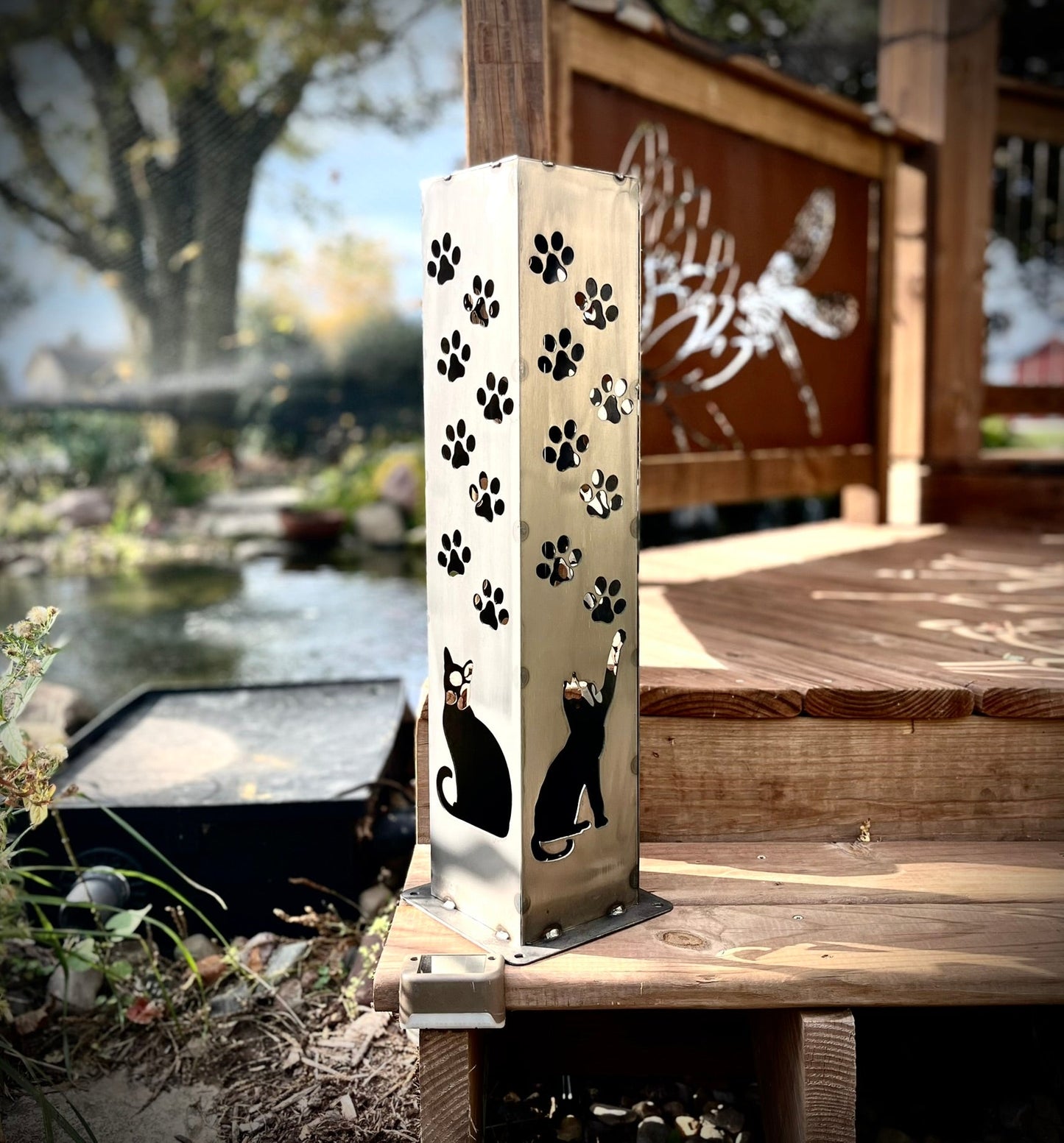 Trail of Paws Solar Pillar - Steel - cat memorial - cat pillar - Northern Forge, LLC