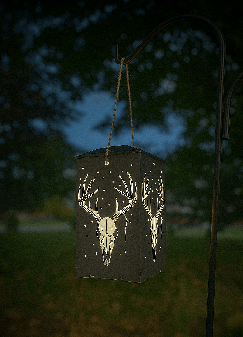 Whitetail Moonlight Solar Lantern | 12 in. | Steel | Hangable - accent lights - buck skull lantern - Northern Forge, LLC