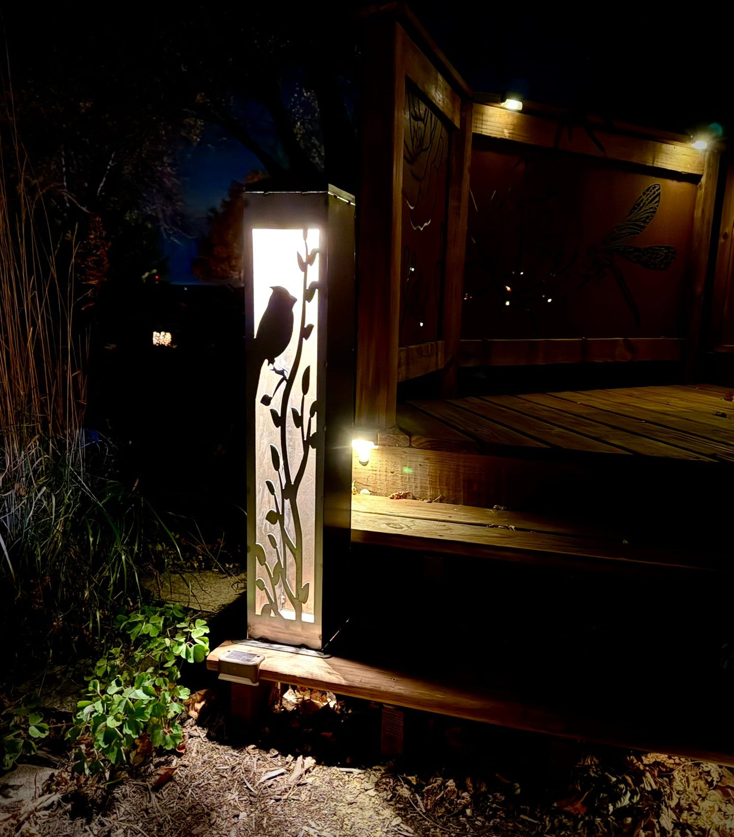 XL Cardinal at Dusk Luminary Pillar w/ Solar Cap | Steel - bird solar light - birds metal light - Northern Forge, LLC