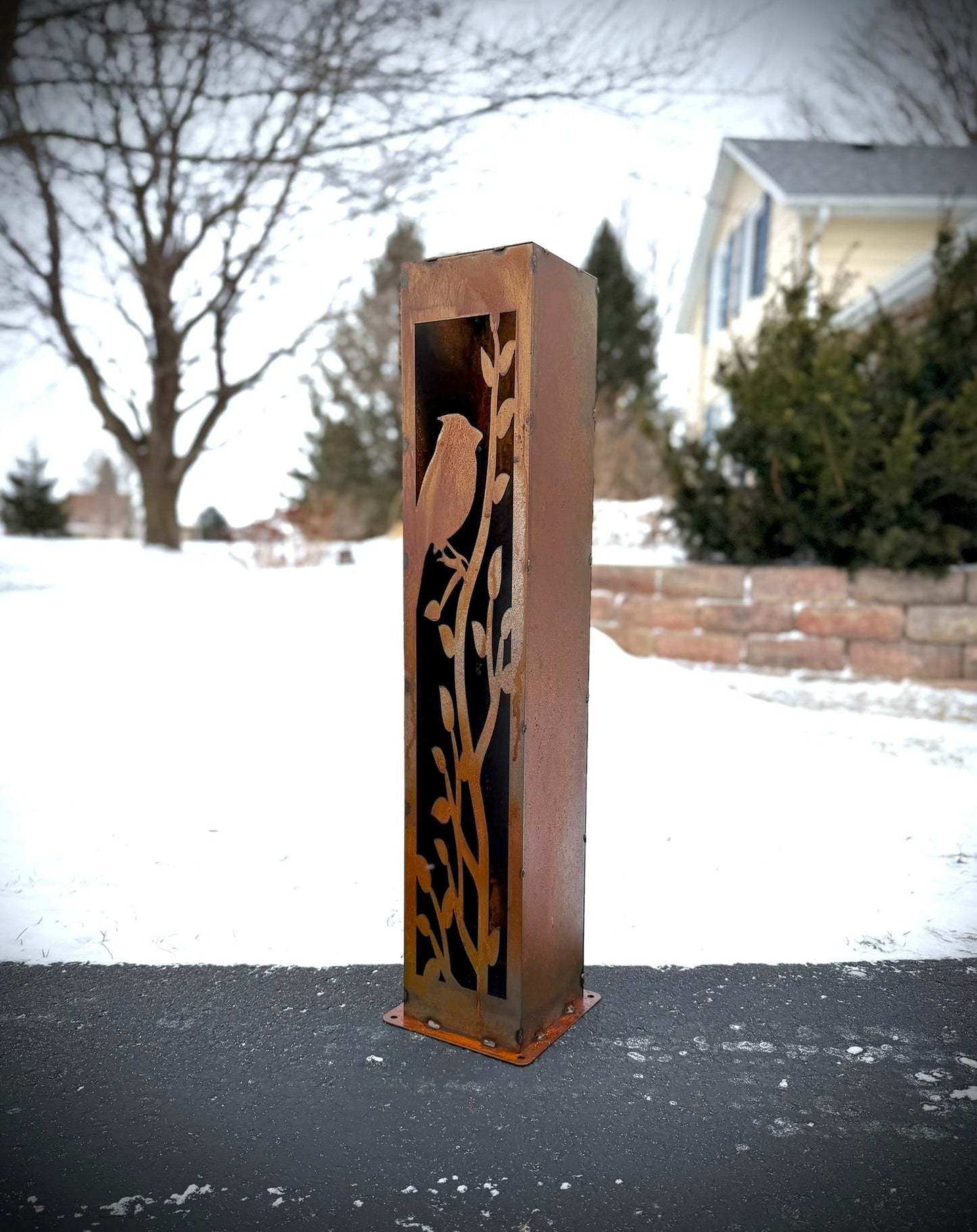 XL Cardinal at Dusk Luminary Pillar w/ Solar Cap | Steel - bird solar light - birds metal light - Northern Forge, LLC