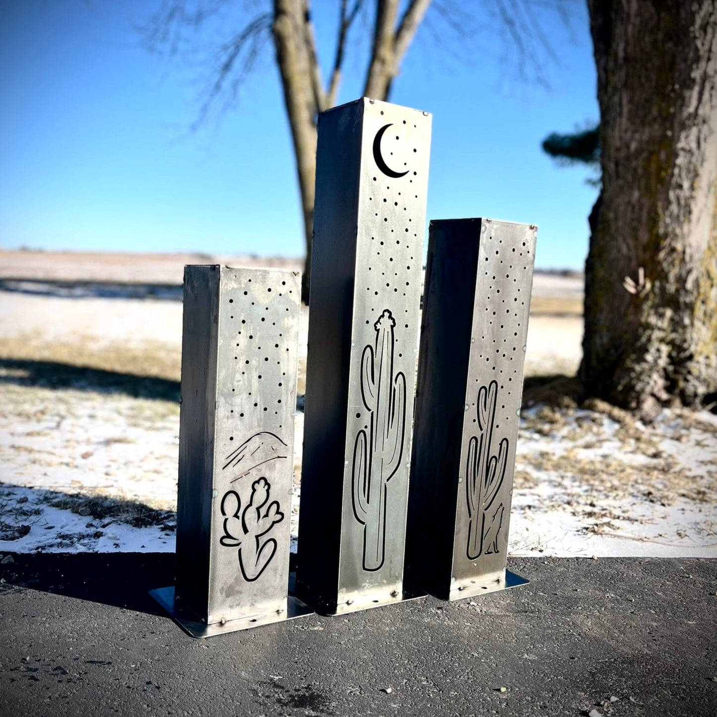 XL Desert Night Luminary Pillar w/ Solar Cap | Multiple Sizes - cactus metal - cactus solar light - Northern Forge, LLC