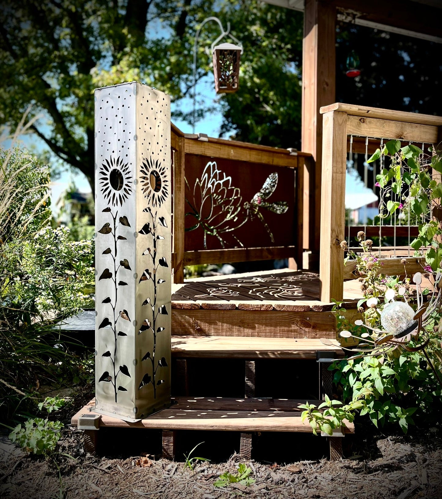XL Square Sunflower Solar Pillar | Multiple Sizes - cabin decor - garden column - Northern Forge, LLC