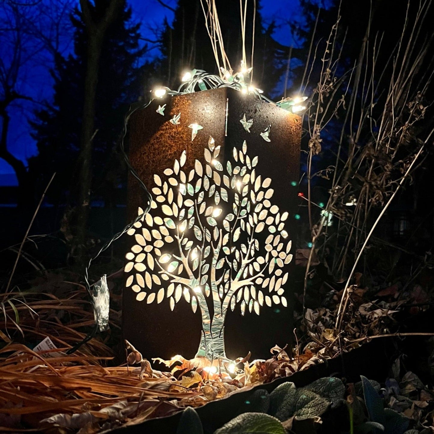 Basswood Tree Steel Luminary Pillar | 14 in. - cabin decor - garden lights - Northern Forge, LLC
