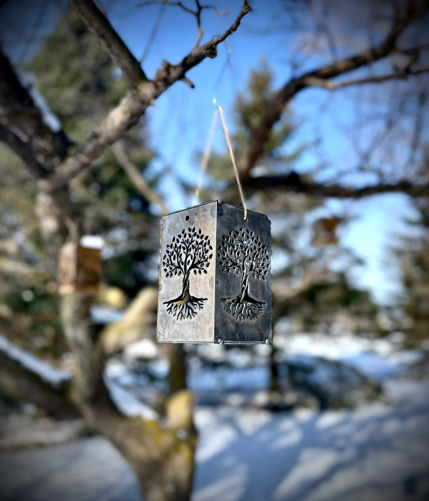 Hanging Basswood Tree & Roots Steel Solar Cube | 6.5 in. - accent lights - hanging solar light - Northern Forge, LLC