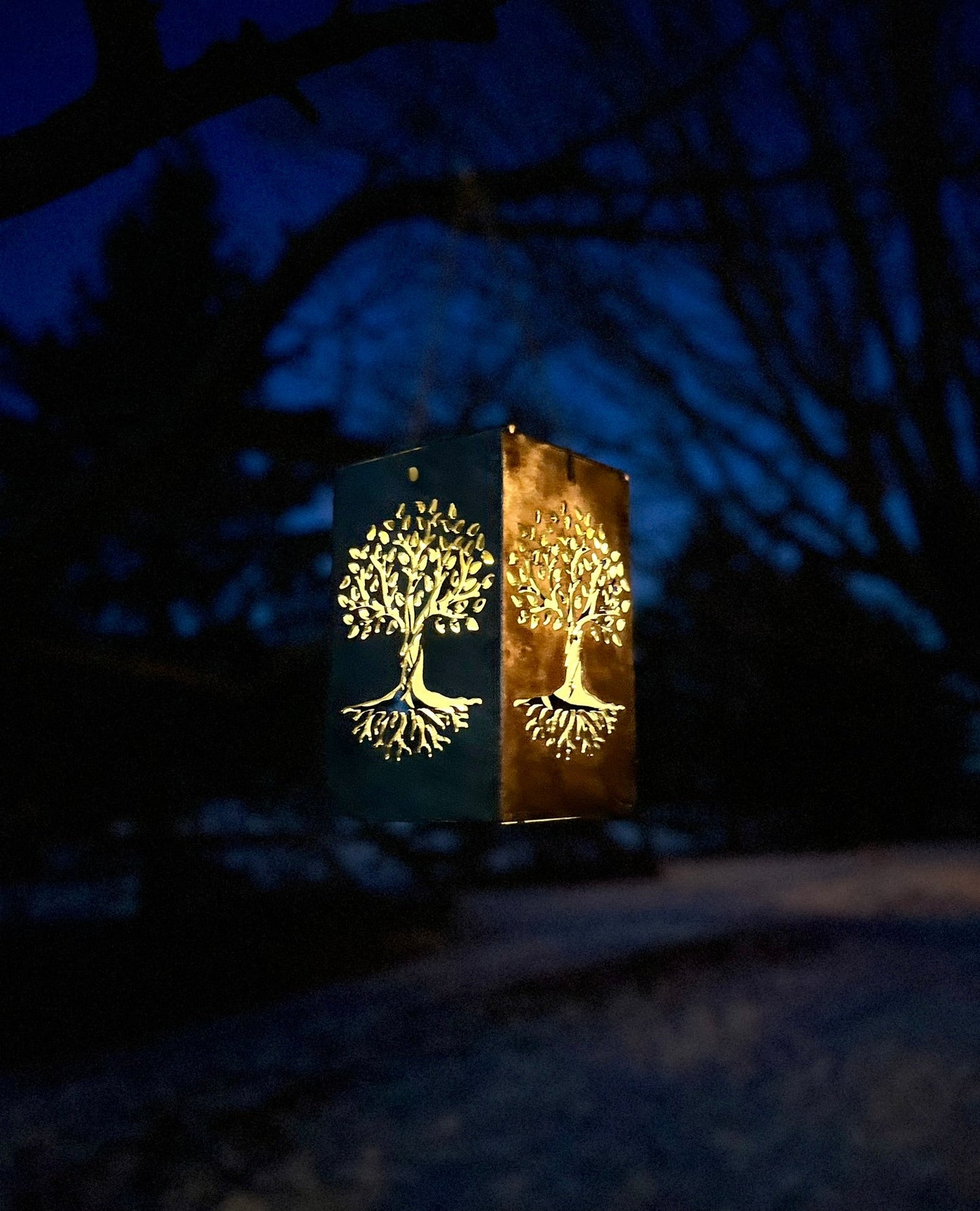 Hanging Basswood Tree & Roots Steel Solar Cube | 6.5 in. - accent lights - hanging solar light - Northern Forge, LLC