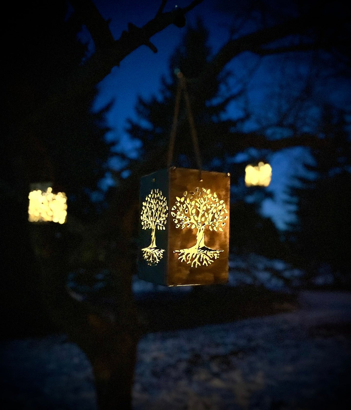 Hanging Basswood Tree & Roots Steel Solar Cube | 6.5 in. - accent lights - hanging solar light - Northern Forge, LLC
