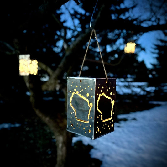 Hanging WI Stars Steel Solar Cube | 6.5 in. - accent lights - hanging solar light - Northern Forge, LLC