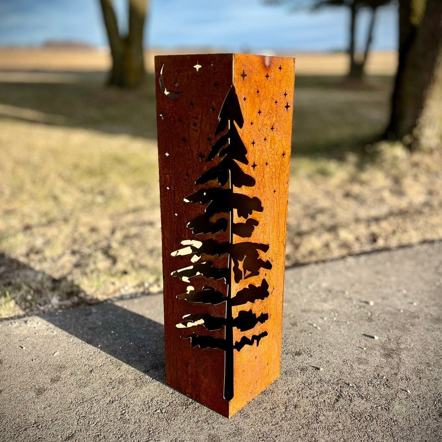 Rustic Metal Pine Tree Corner Luminary - cabin decor - fern luminary - Northern Forge, LLC