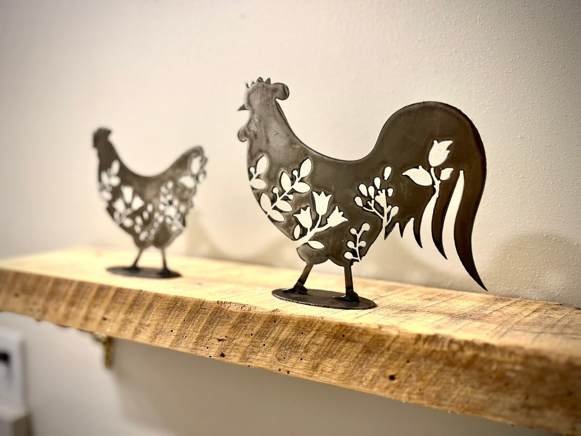 2-Pack Metal Chicken & Rooster - Mantel - cabin decor - deer for shelf - Northern Forge, LLC