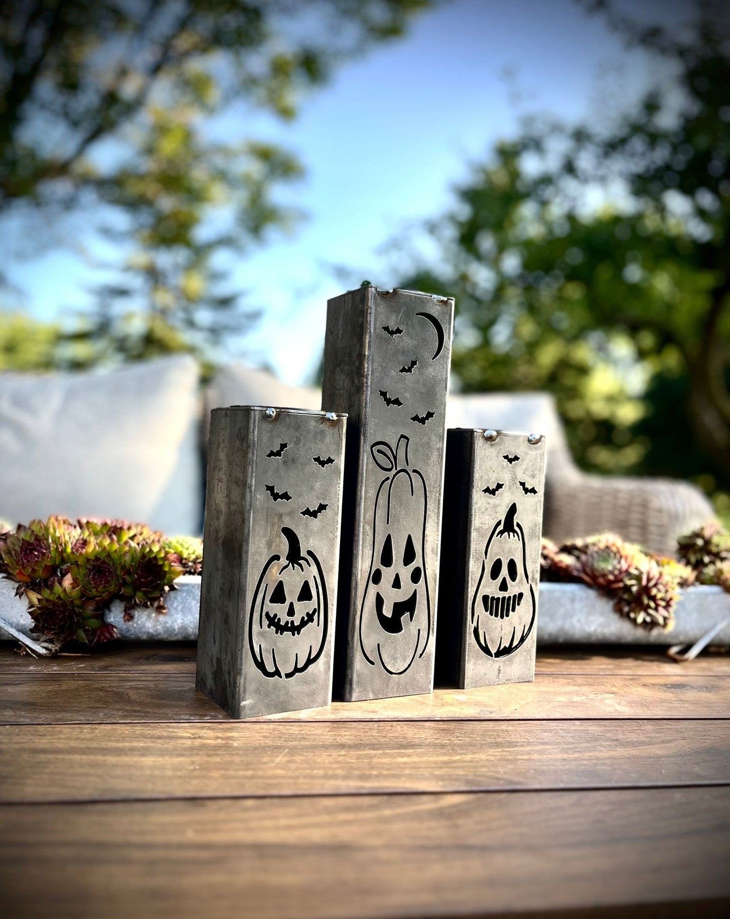 3 - Pack Jack - O - Lantern Solar Tube Lights - Steel - dead tree solar light - halloween - Northern Forge, LLC