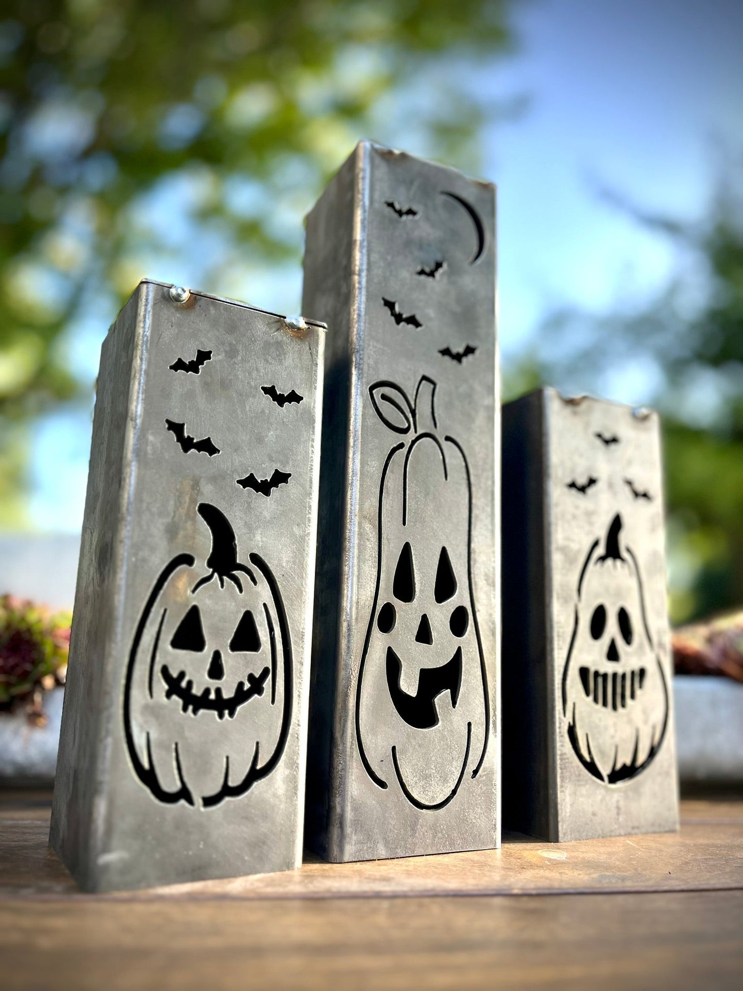 3 - Pack Jack - O - Lantern Solar Tube Lights - Steel - dead tree solar light - halloween - Northern Forge, LLC