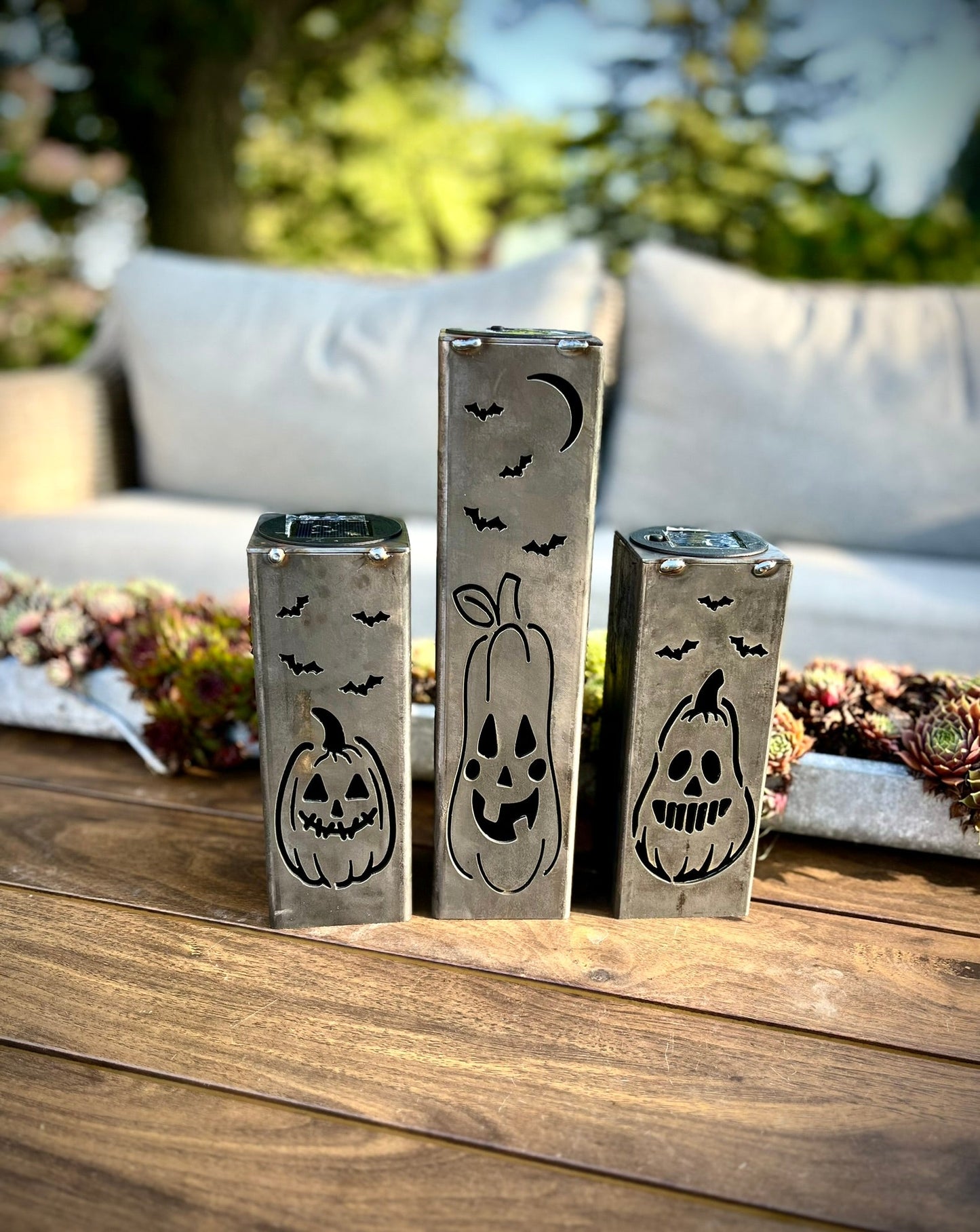 3 - Pack Jack - O - Lantern Solar Tube Lights - Steel - dead tree solar light - halloween - Northern Forge, LLC