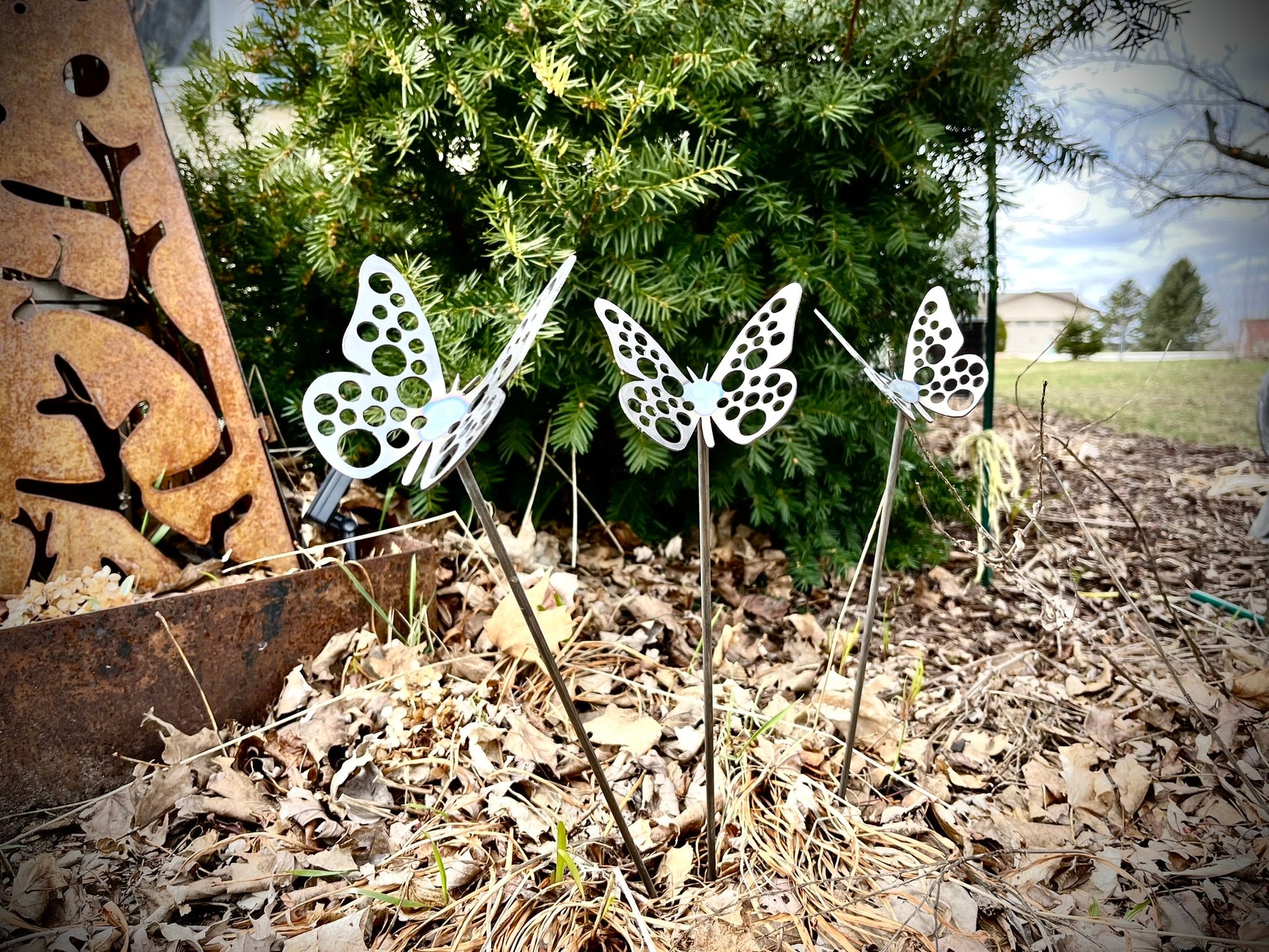 3-Pack Metal Butterflies w/ Stem - butterfly garden art - garden - Northern Forge, LLC