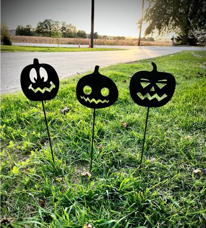 3 - Pack Metal Halloween Jack - O - Lanterns Yard Stakes - bird art - cat decor - Northern Forge, LLC