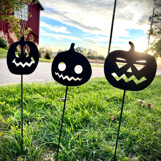 3 - Pack Metal Halloween Jack - O - Lanterns Yard Stakes - bird art - cat decor - Northern Forge, LLC