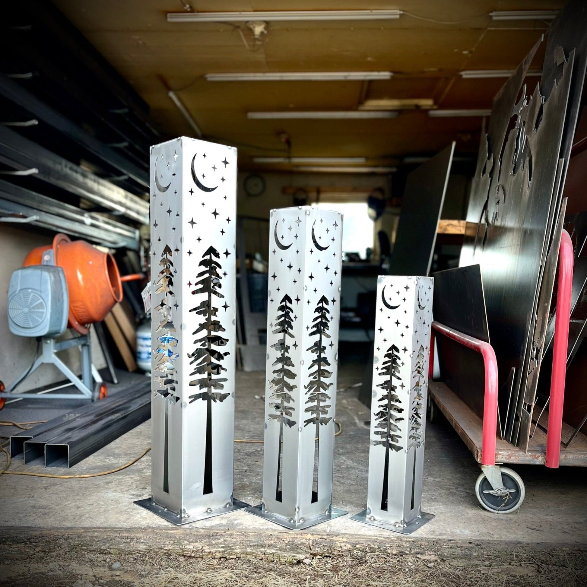 4 - Sided Night Sky Pine Tree Solar Luminary Tube Light - Steel - christmas - christmas decor - Northern Forge, LLC