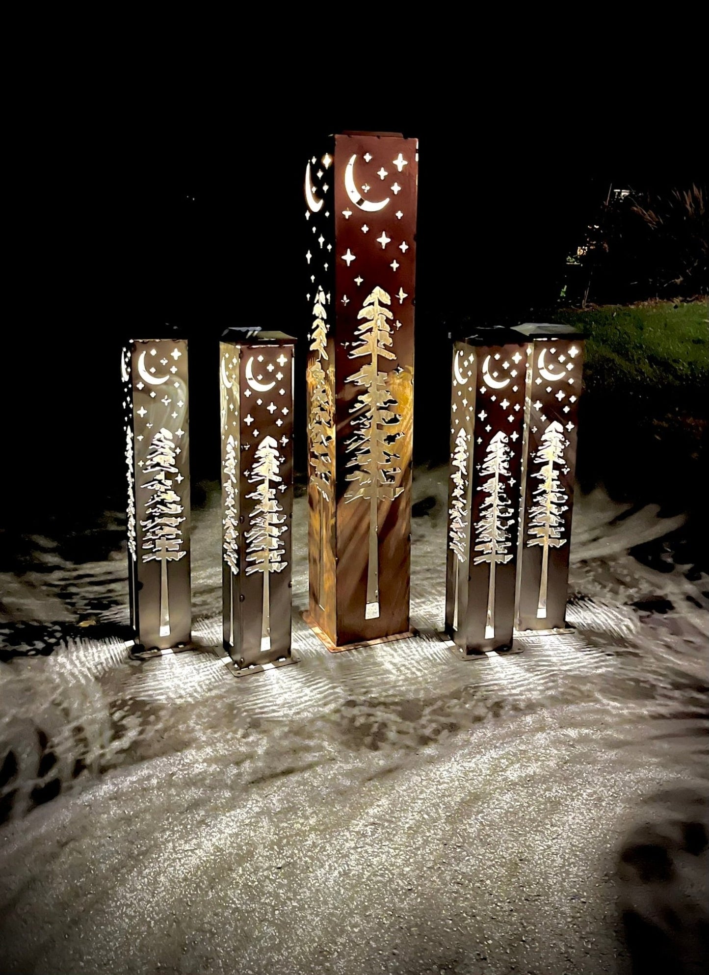 4 - Sided Night Sky Pine Tree Solar Pillar - Steel - christmas - christmas decor - Northern Forge, LLC