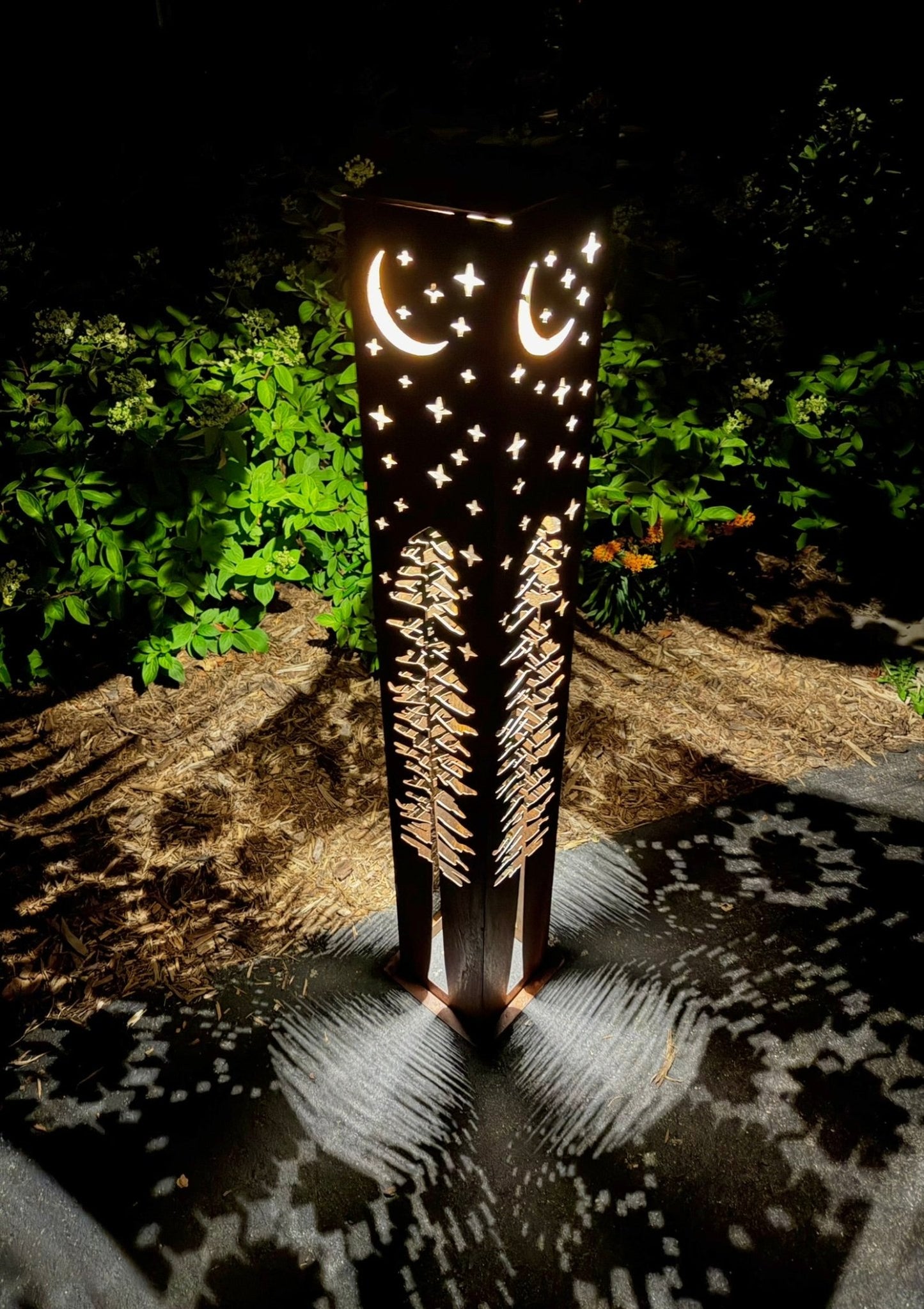 4-Sided Night Sky Pine Tree Solar Pillar - Steel - christmas - christmas decor - Northern Forge, LLC