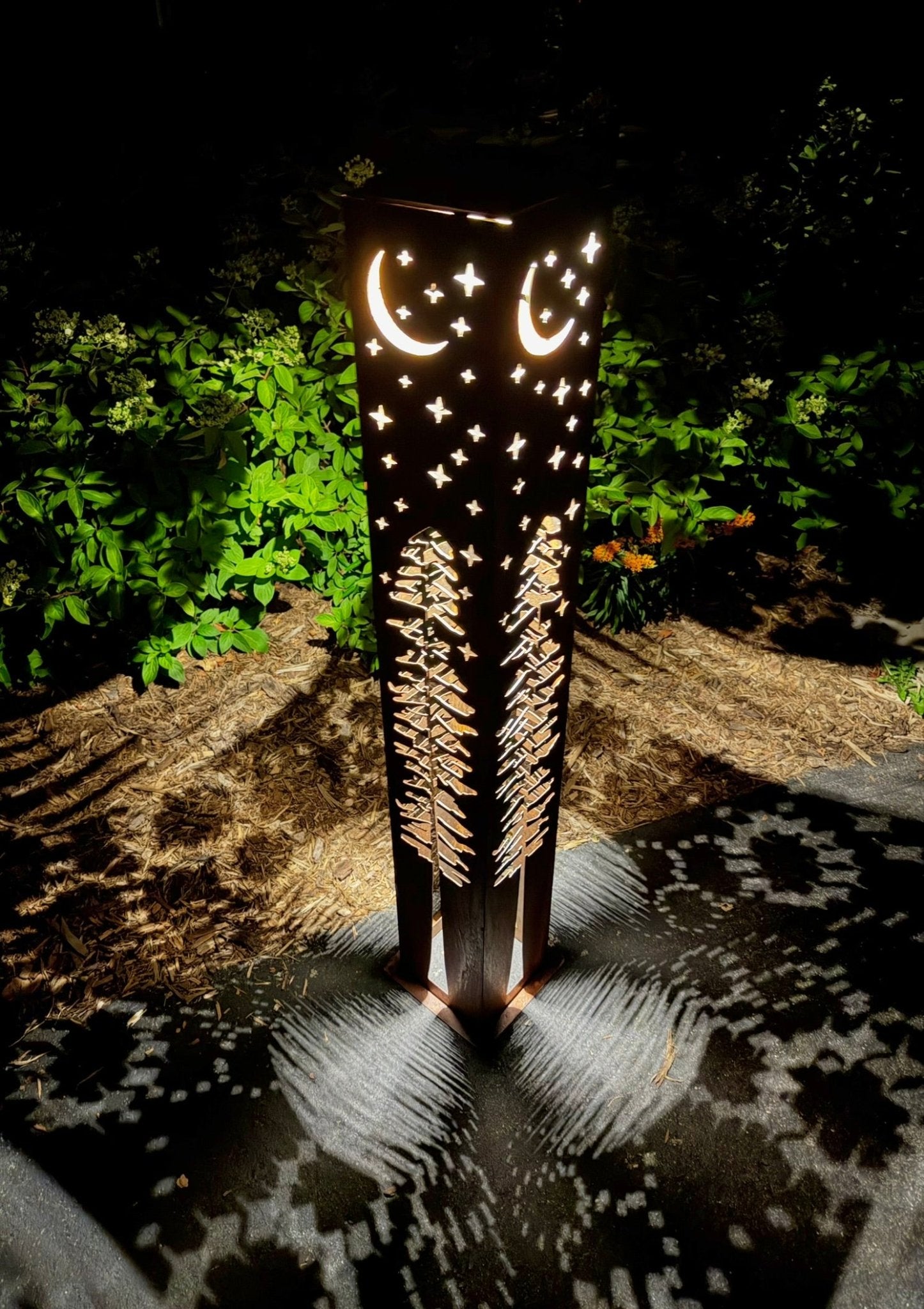 4-Sided Night Sky Pine Tree Solar Pillar - Steel - christmas - christmas decor - Northern Forge, LLC