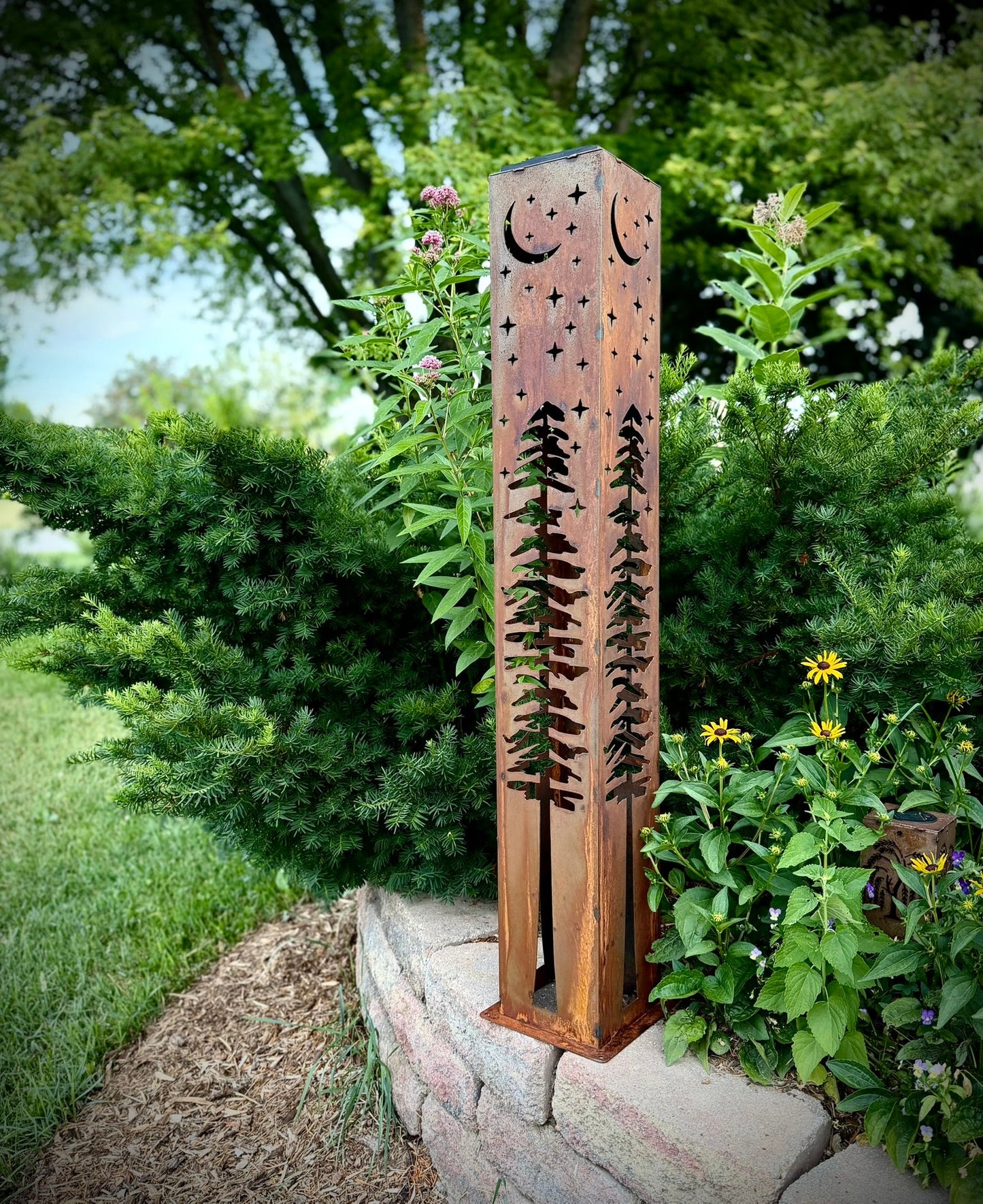 4-Sided Night Sky Pine Tree Solar Pillar - Steel - christmas - christmas decor - Northern Forge, LLC