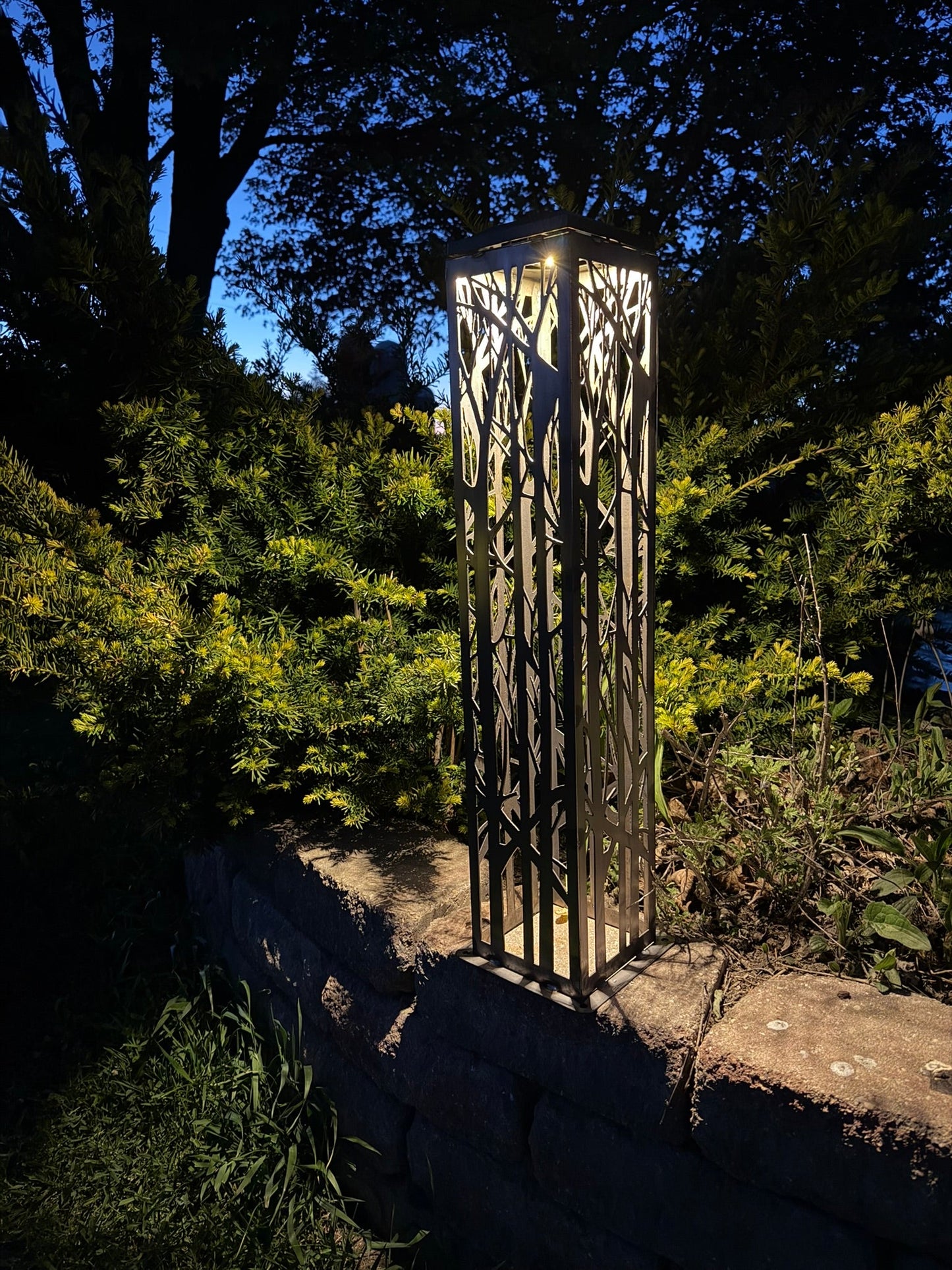 4 - Sided Secluded Forest Solar Luminary - Steel - Forest pillar - home decor - Northern Forge, LLC