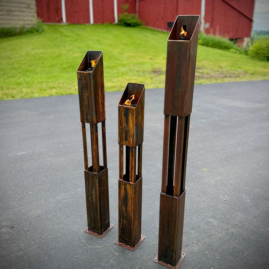 The Ember Trio Mini - Rusted Steel Patio Torches - Multiple Sizes