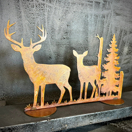 DISCOUNTED - Rusted Steel Standing Deer & Trees - 16-inch