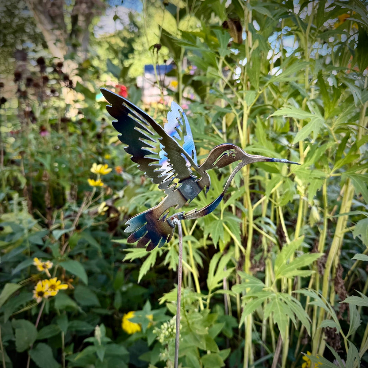 Flame Painted Steel Hummingbird Yard Stake