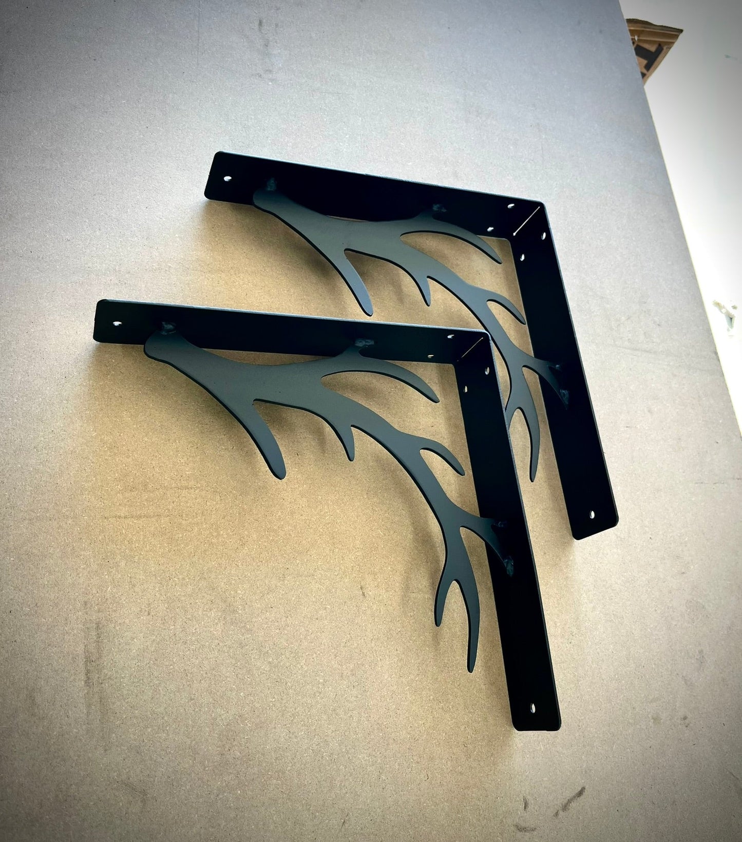 Antler Steel Shelf Mounting Brackets, Pair - 10 x 10 x 2 w/ Mounting Holes - antler shelf brackets - big game - Northern Forge, LLC