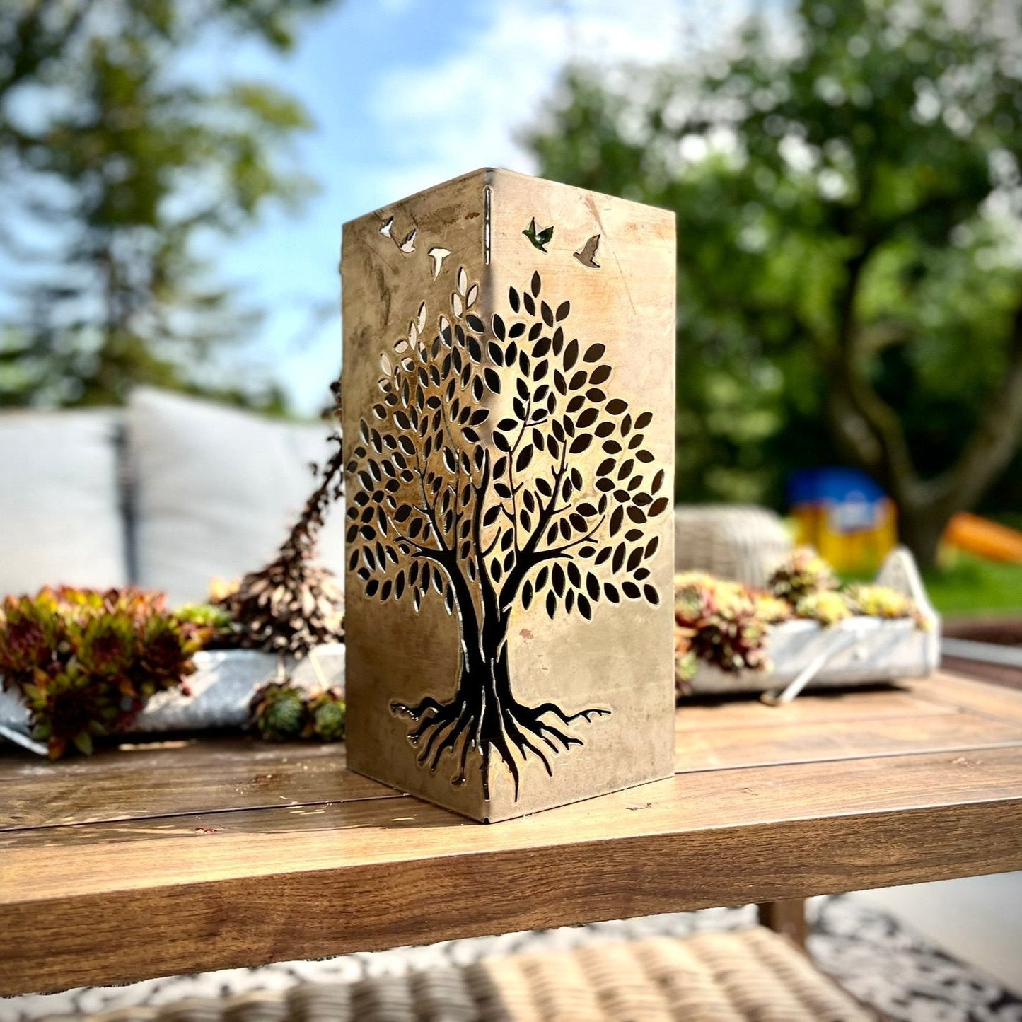 Basswood Tree Steel Luminary Pillar | 14 in. - cabin decor - garden lights - Northern Forge, LLC